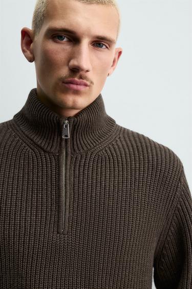 PURL KNIT QUARTER-ZIP SWEATER - brown vigore by Zara