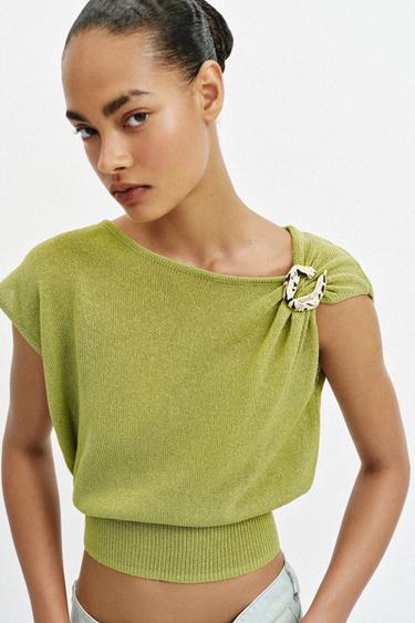 KNIT TOP WITH METAL TRIM - Olive green by Zara