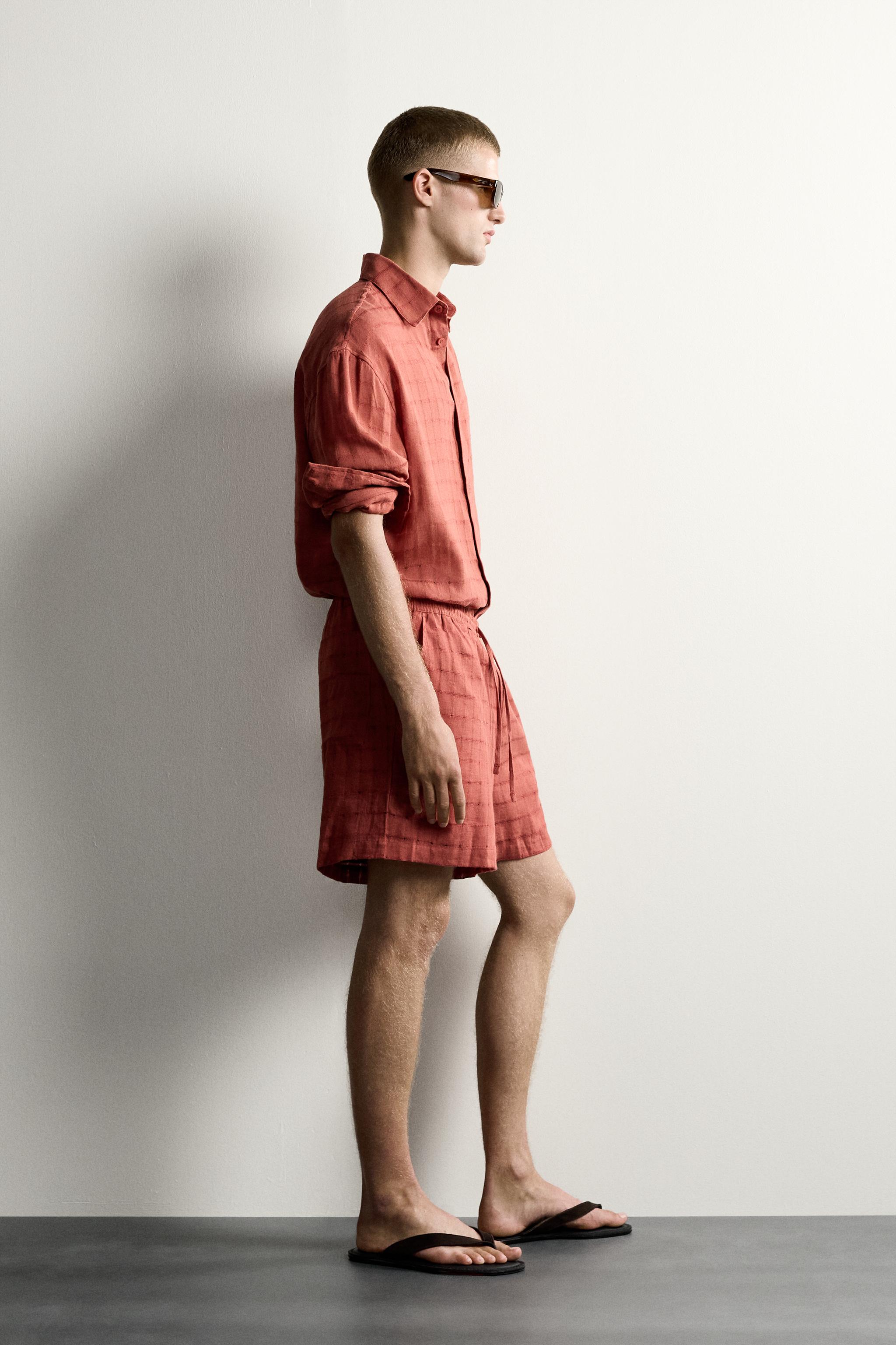 LINEN COTTON BLEND CHECKED JACQUARD SHORTS — Brick (alternate view)