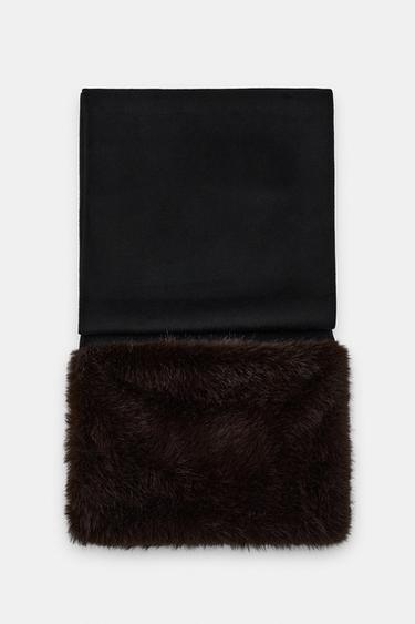 Zara PLAIN WOOL SCARF WITH FAUX FUR EFFECT - Black