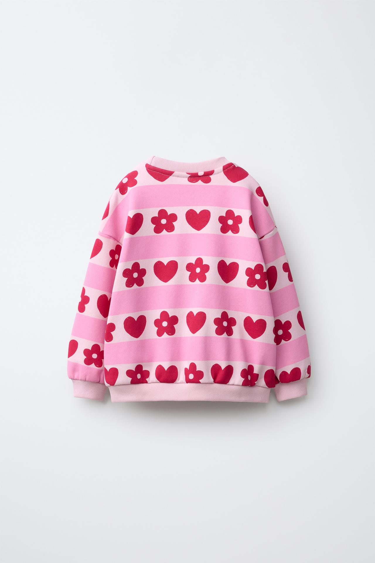 STRIPED AND HEART PRINT SWEATSHIRT — Red
