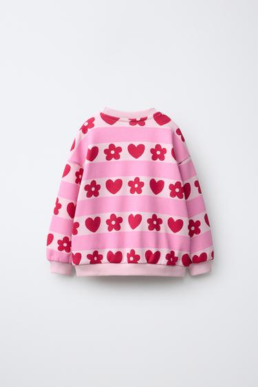 STRIPED AND HEART PRINT SWEATSHIRT — Red 2