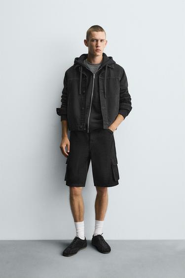 CALÇÕES BERMUDA EM DENIM CARGO - Preto da Zara