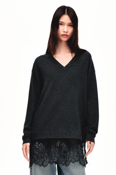 Zara 長版蕾絲拼接針織衫 - 灰色