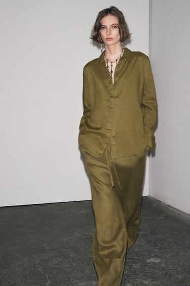 ZW COLLECTION 100% LINEN SHIRT - Olive green by Zara