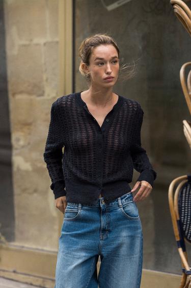 GILET AVEC LAINE ET ALPAGA POINTELLE - Bleu marine de Zara