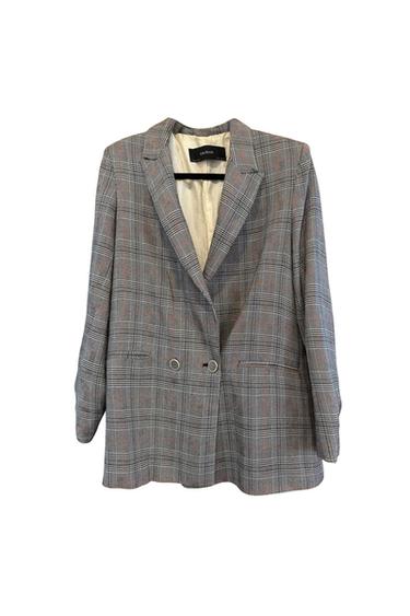 DOUBLE BREASTED PLAID CHECKED BLAZER GRAY