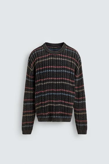 Zara TEXTURED STRIPED SWEATER - Black
