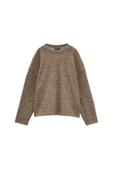 Front view of a brown crew neck, long-sleeved jumper.
