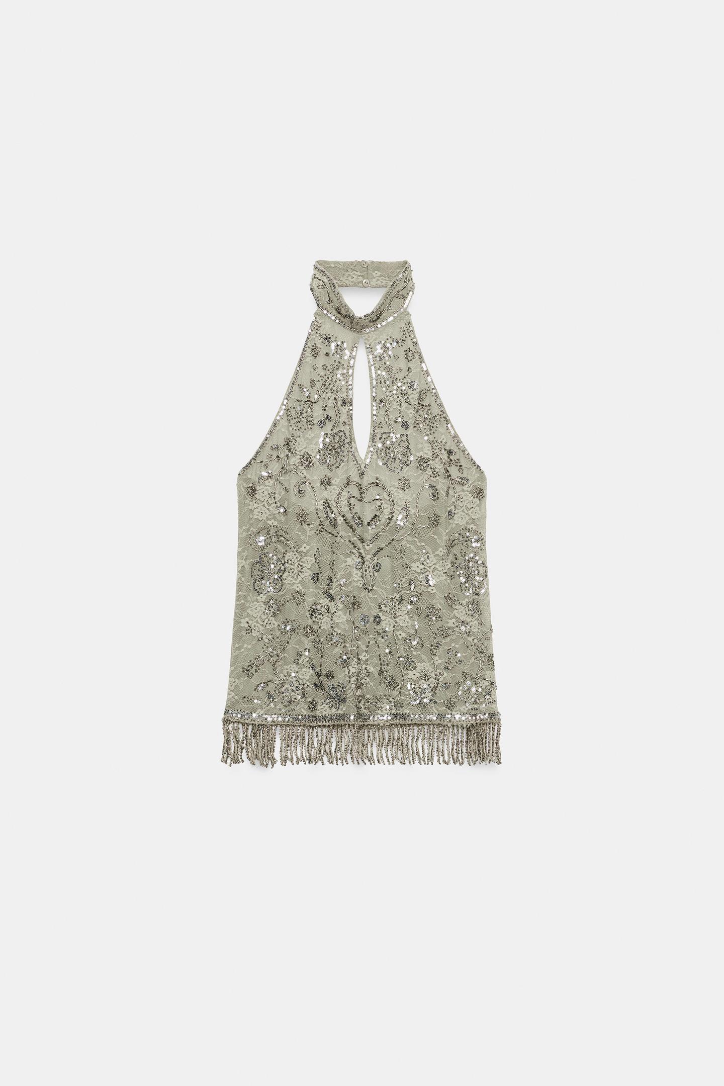 Женский топ Zara Beaded Halter Top, цвет: Тёмный хаки — фото 6