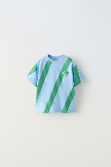 Zara PATCH STRIPED T-SHIRT - Blue