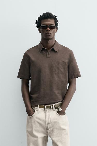 REGULAR FIT HEMP/COTTON POLO SHIRT - Brown by Zara