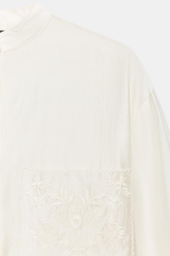 ZW COLLECTION EMBROIDERED POCKET SHIRT - Oyster-white by Zara - Image 9