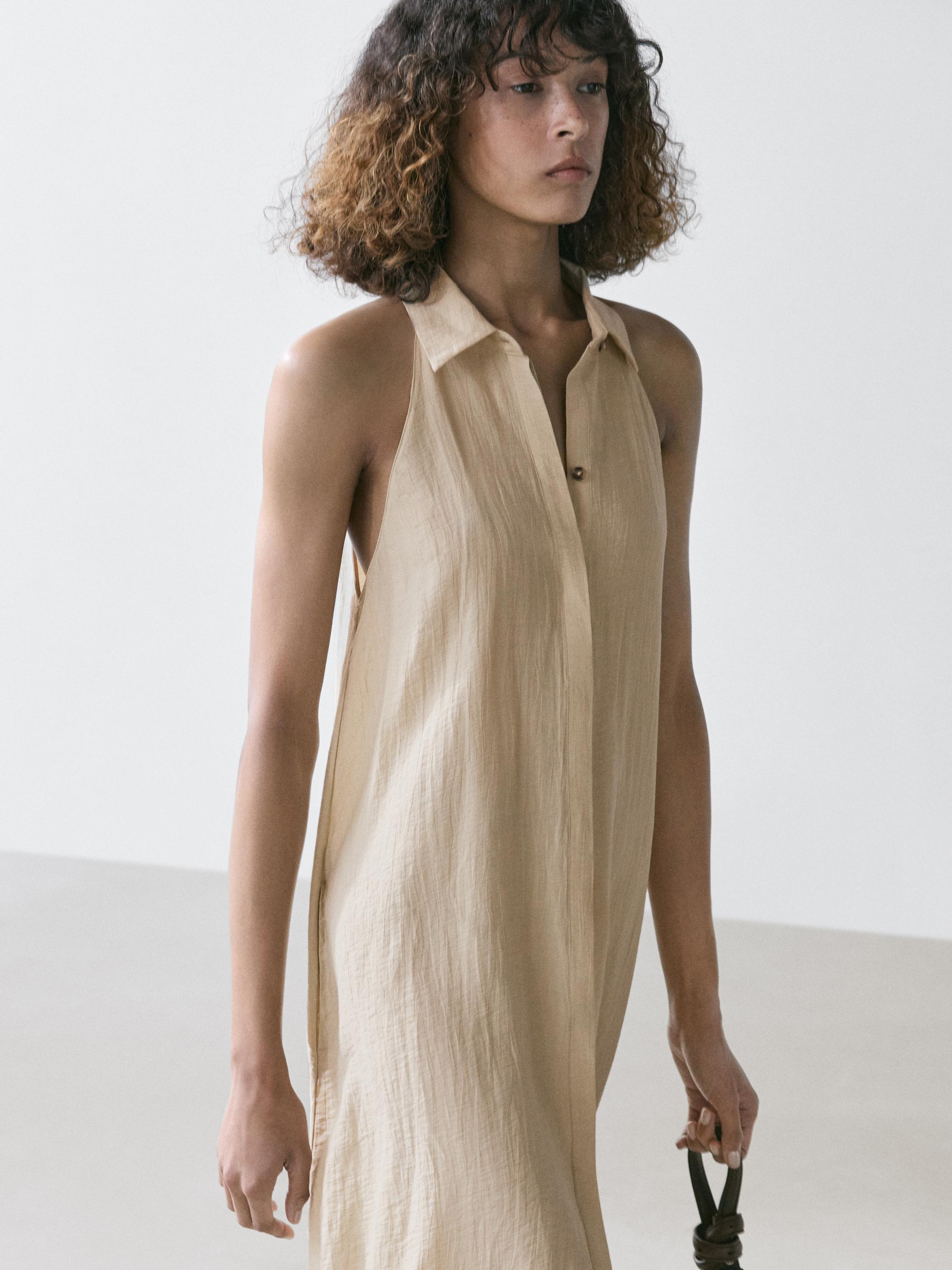 Linen blend polo collar midi dress — Ecru