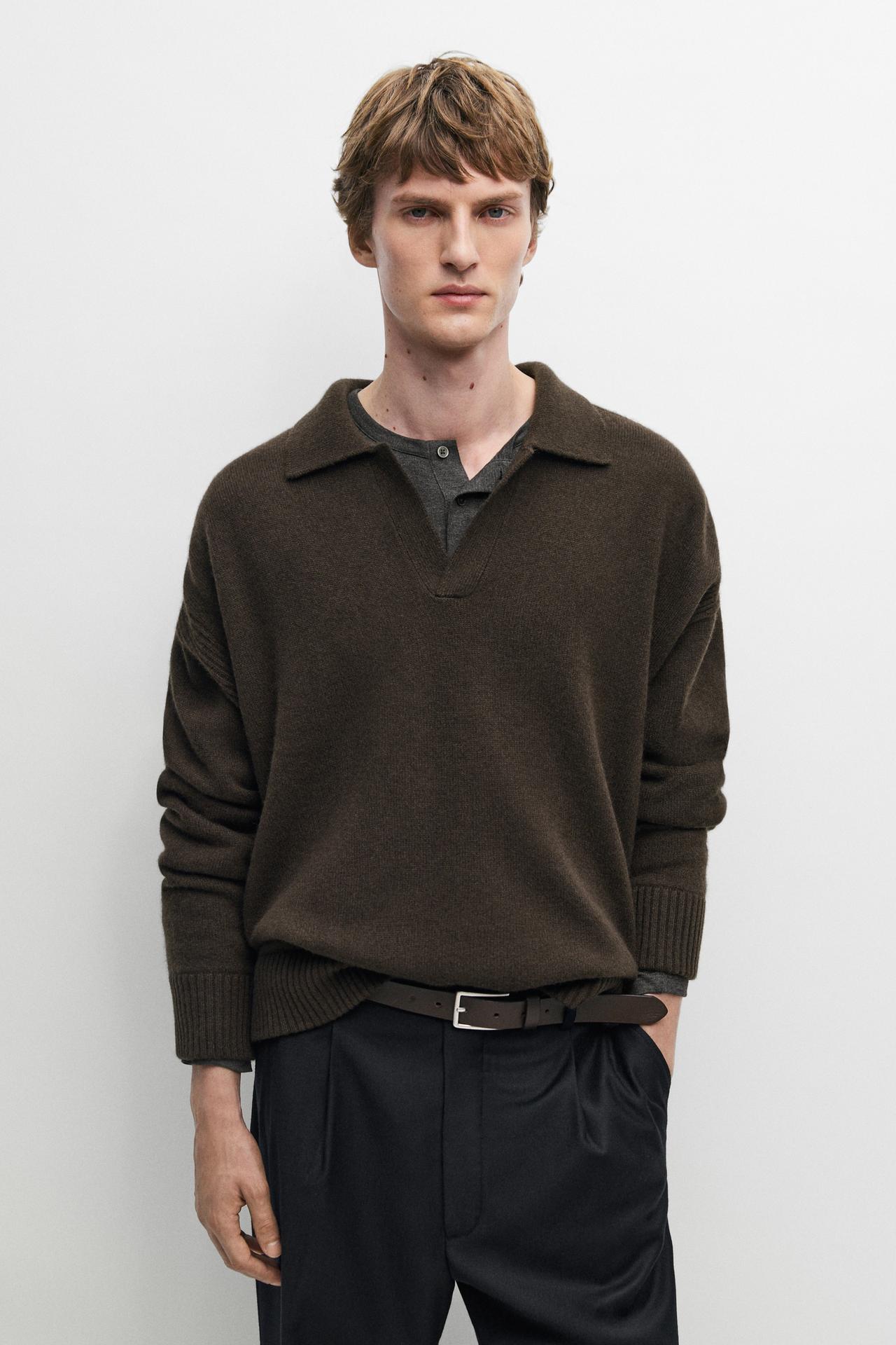 100% Cashmere Knit Polo Sweater — Brown