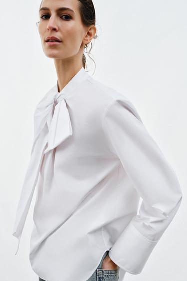 ZW COLLECTION POPLIN SHIRT WITH TIE DETAIL - White by Zara - Image 1