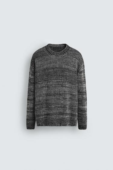 Zara TEXTURED CABLE KNIT SWEATER - Black