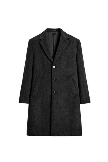 Front view of a regular fit charcoal gray coat with notch lapels, front button closure, and welt pockets at the hip.