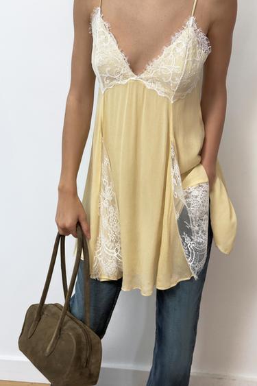 ROBE COURTE BIMATIÈRE EN DENTELLE - Jaune clair de Zara - Image 1