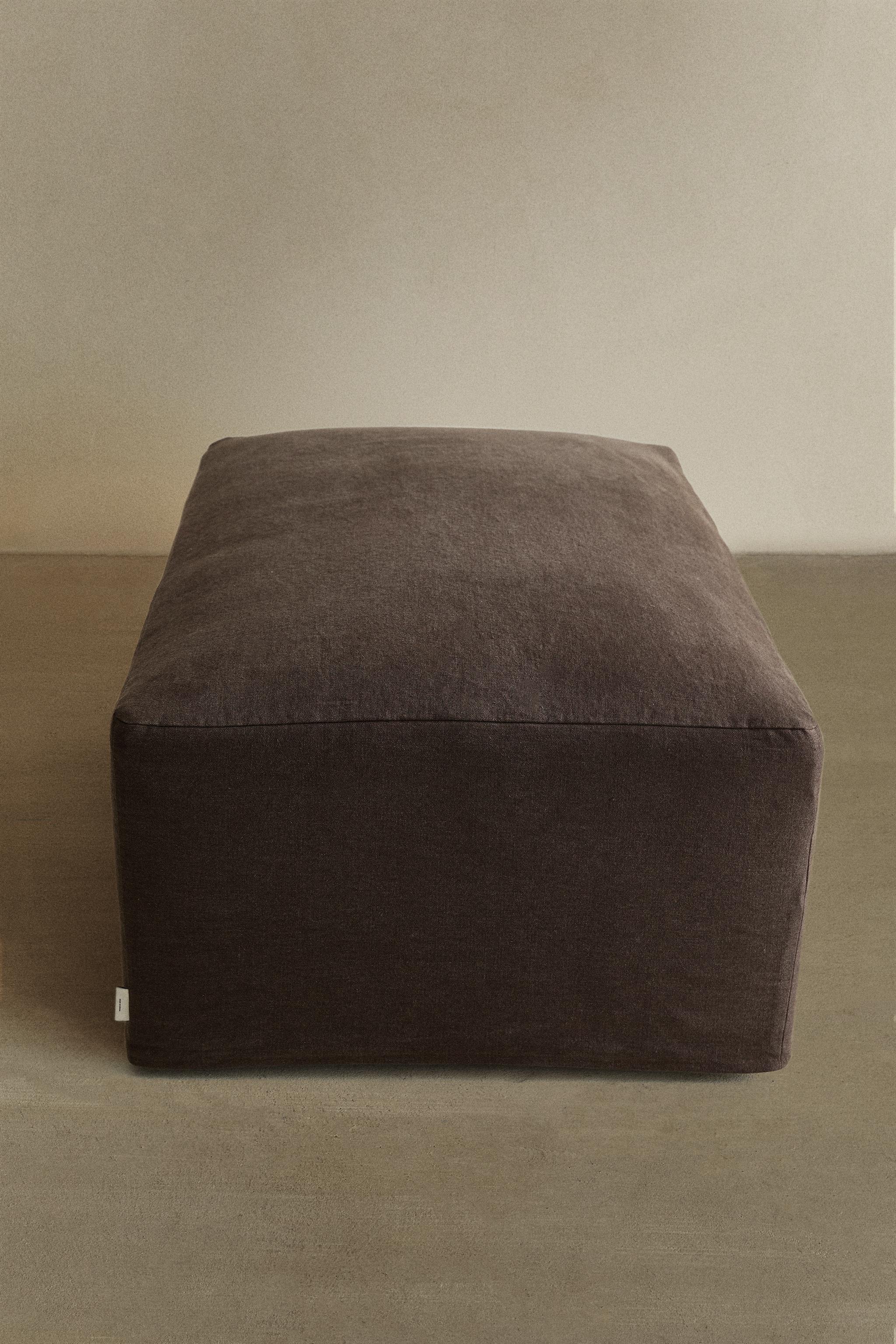REMOVABLE WASHED LINEN OTTOMAN — Dark brown
