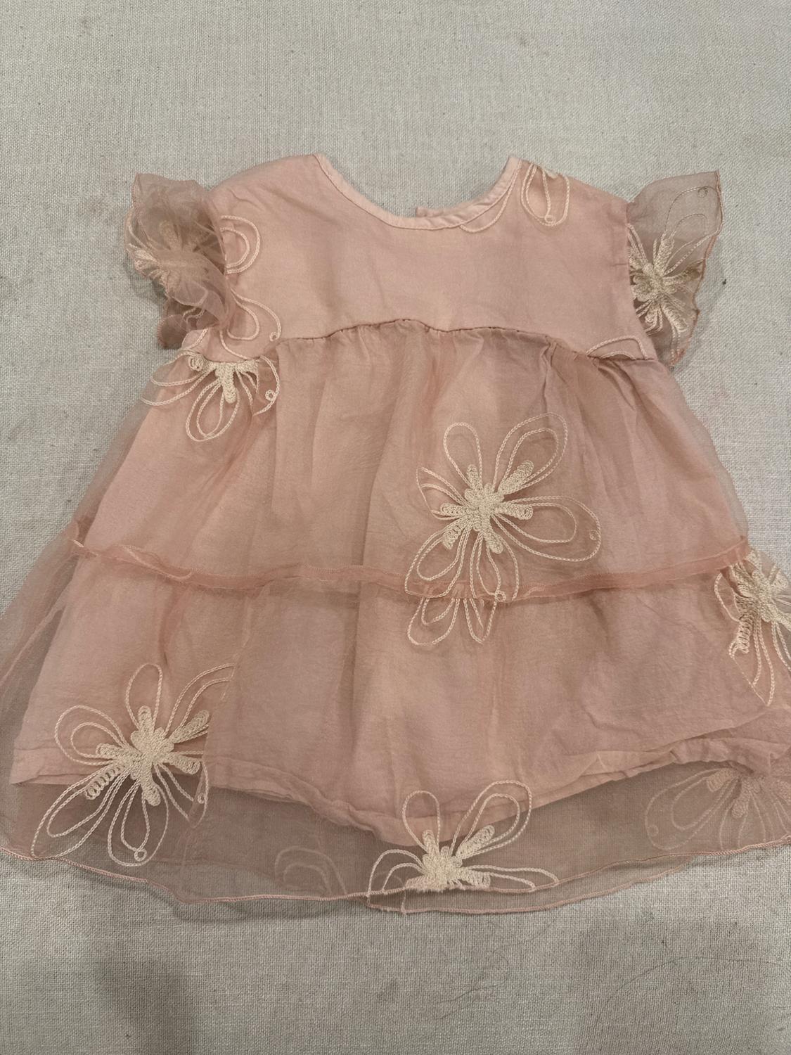 Girl's light pink dress with short sleeves and frills. Decorated with cream-toned floral embroidery on sheer fabric.
