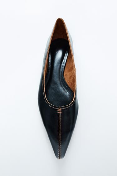 LEATHER BALLET FLATS WITH TOPSTITCHING - Black by Zara