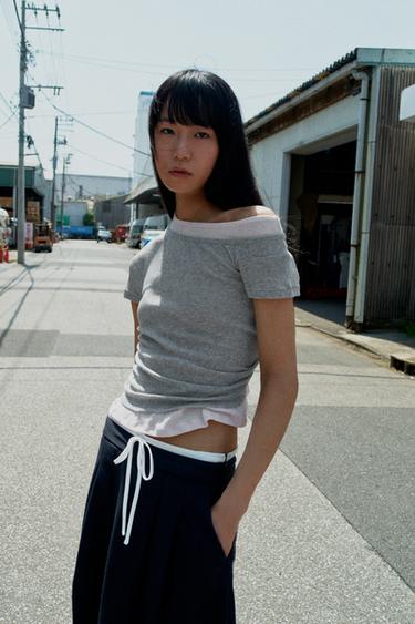 ASYMMETRIC DOUBLE T-SHIRT - Grey marl by Zara