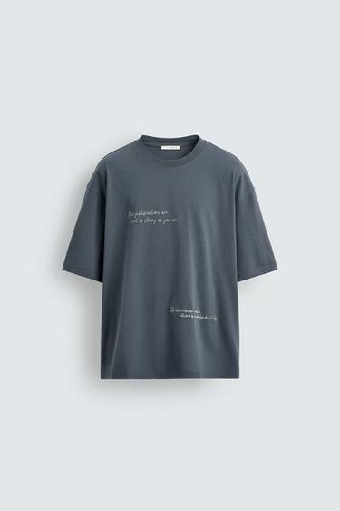EMBROIDERED SLOGAN T-SHIRT - Blue / Grey by Zara