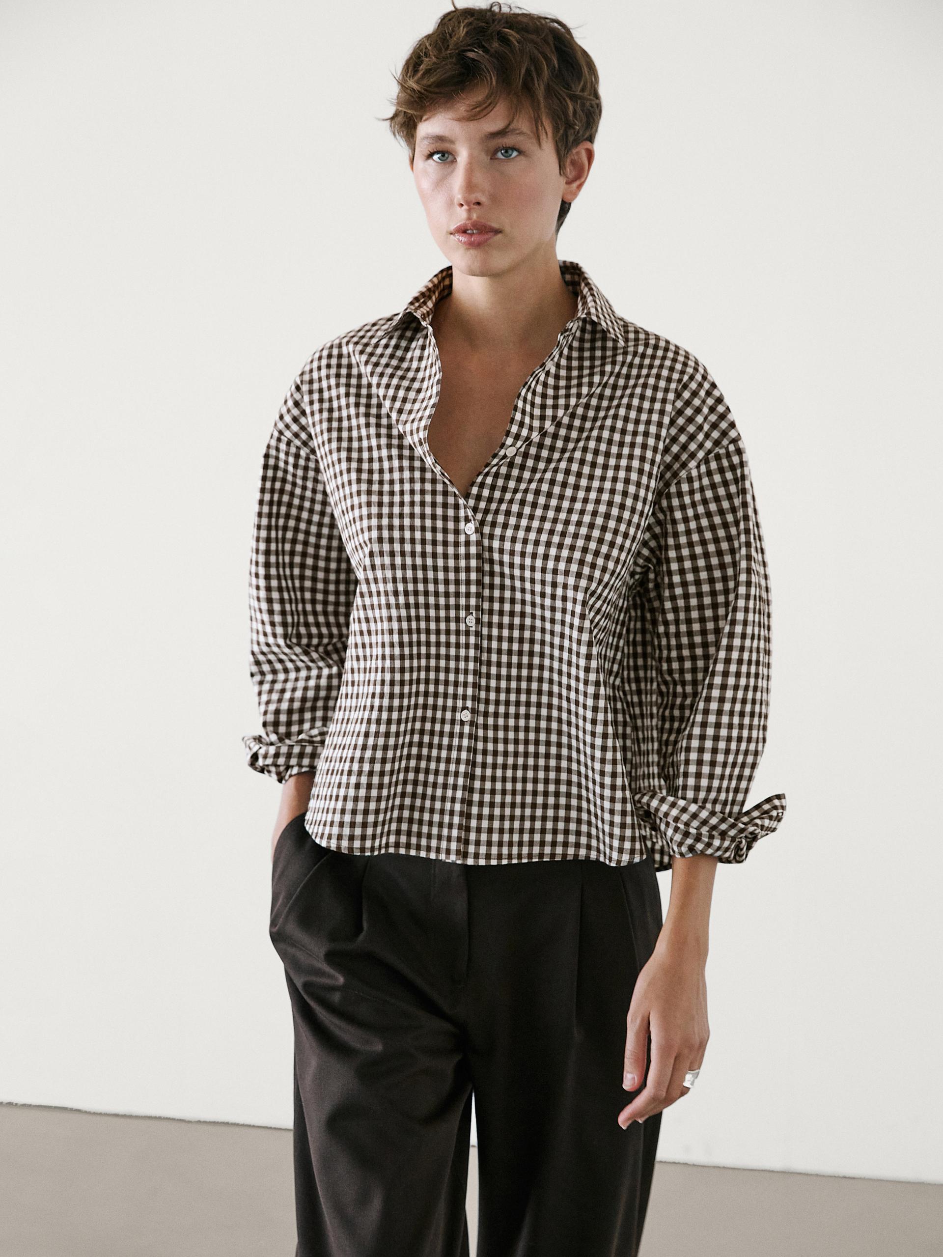 Cotton blend gingham shirt Brown ZARA Canada