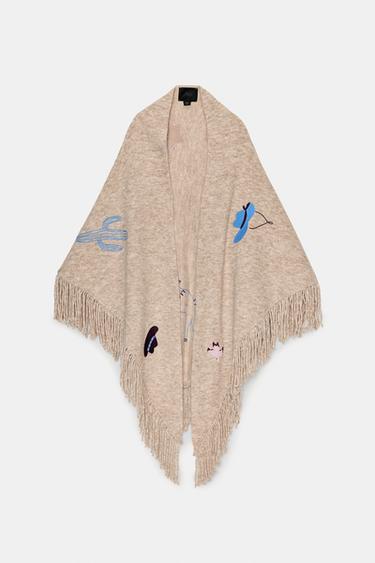 Zara EMBROIDERED FRINGED SHAWL - Beige
