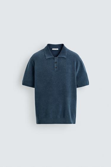 POLO EN MAILLE STRUCTURÉE DÉLAVÉE - Indigo clair de Zara
