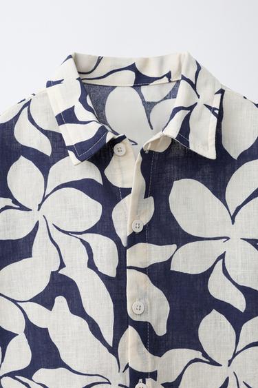 CHEMISE IMPRIMÉE FLEURS AVEC COTON ET LIN - Bleu marine de Zara - Image 2