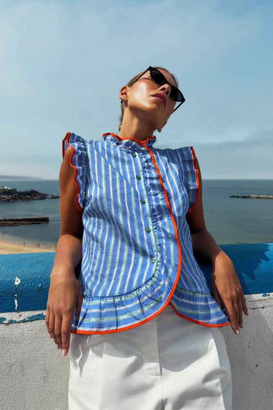 CHEMISE À RAYURES ET VOLANTS - Bleu de Zara - Image 2