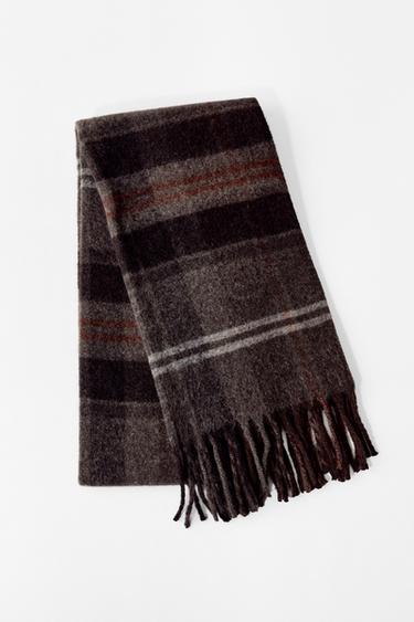 FOULARD À CARREAUX AVEC FRANGES - Marron clair de Zara