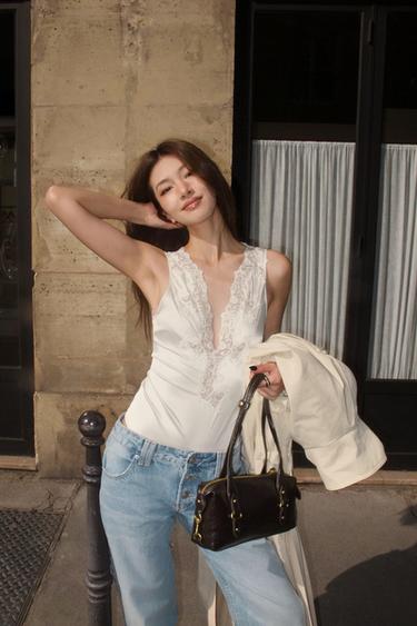 ZW COLLECTION SATIN LACE BODYSUIT - Oyster-white by Zara