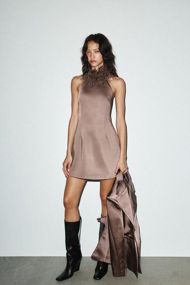HALTER DRESS WITH FEATHERS - Chocolate brown by Zara