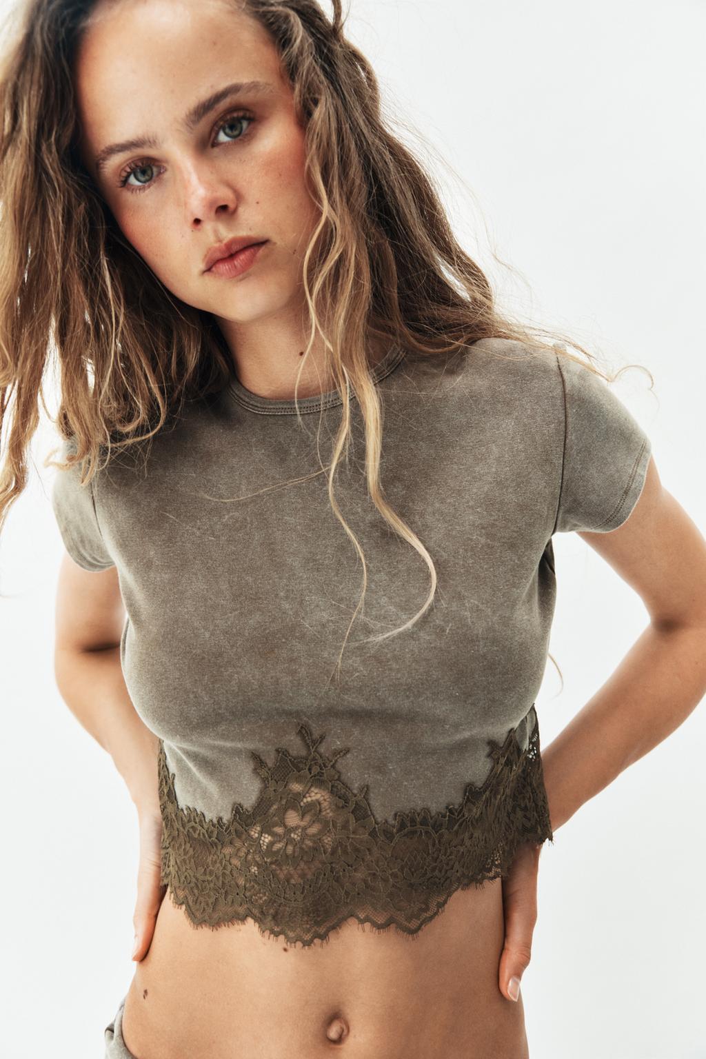 WASHED EFFECT LACE CROP TOP