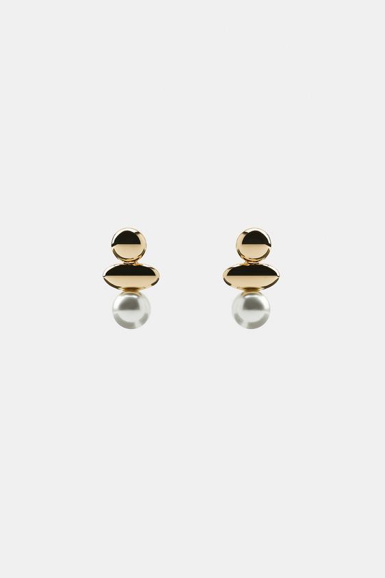 TRIPLE FAUX PEARL METAL EARRINGS - Golden by Zara - Image 2