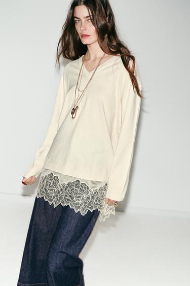 LONG KNIT JUMPER WITH LACE DETAIL - Vanilla by Zara