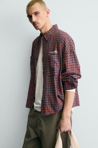 EMBROIDERED FLANNEL CHECK SHIRT - red/navy by Zara