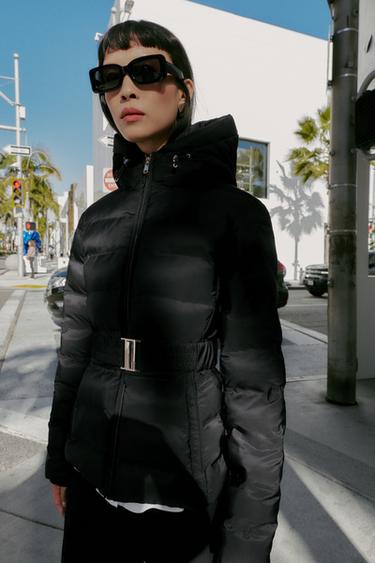 Zara 防潑水防風短版合身連帽外套 - 黑色