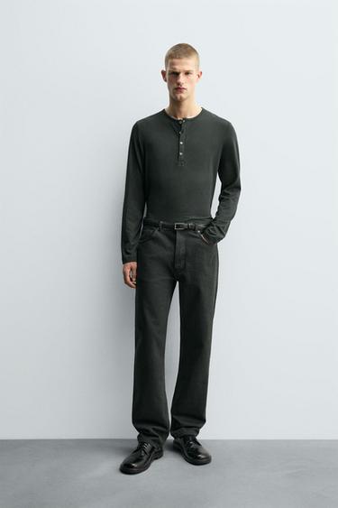 Zara 休閒版紐扣領 T 恤 - 深灰色 - 圖片 0