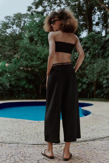 PANTALON JUPE-CULOTTE EN LIN AVEC CEINTURE TRESSÉE - Noir de Zara - Image 4