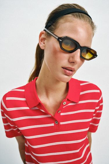 Zara 條紋短袖針織POLO衫 - 紅色