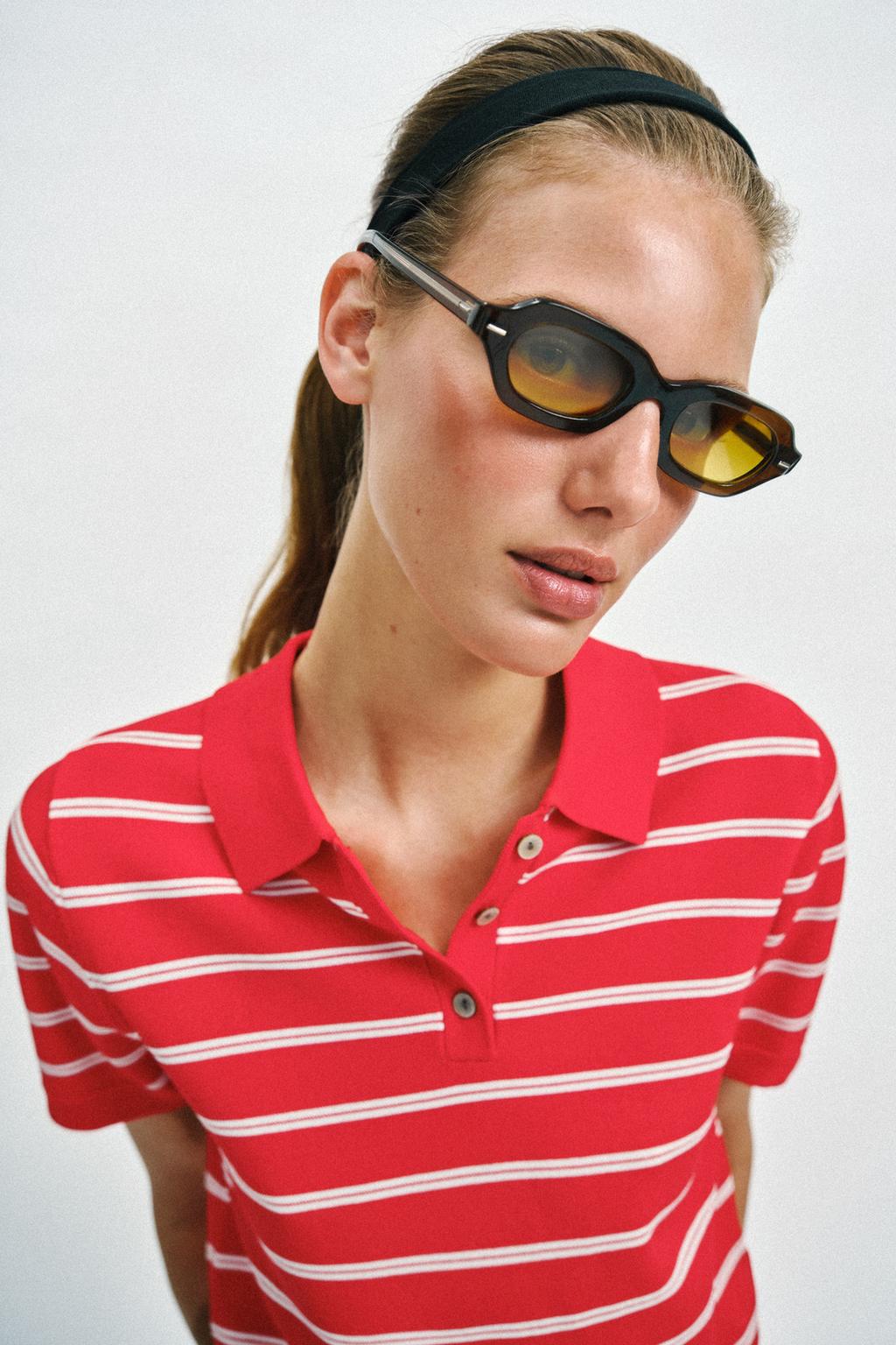 STRIPED SHORT SLEEVE KNIT POLO TOP - image 2