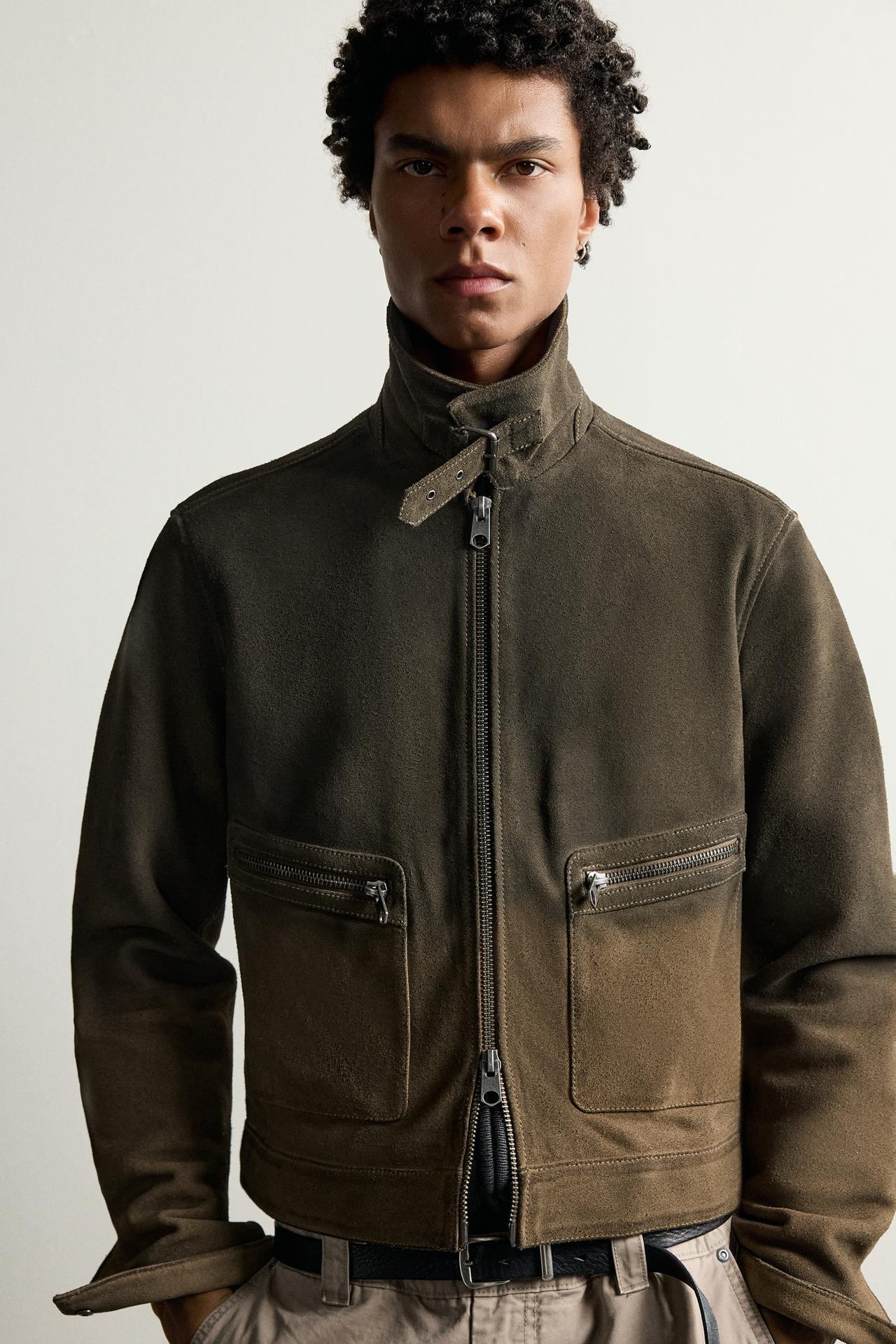 WASHED LEATHER CROPPED FIT JACKET — Black / Brown