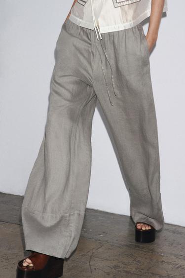 Zara 100% LINEN PALAZZO PANTS ZW COLLECTION - Light gray