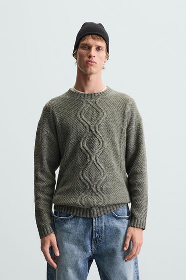 Zara BRAIDED TEXTURED SWEATER - Gray green