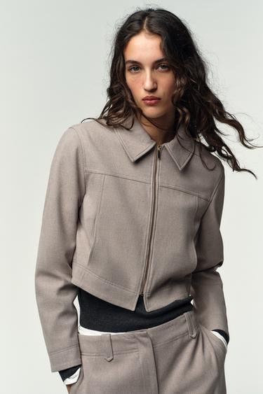 VESTE COURTE À FERMETURE ÉCLAIR - Sable / Chiné de Zara - Image 1