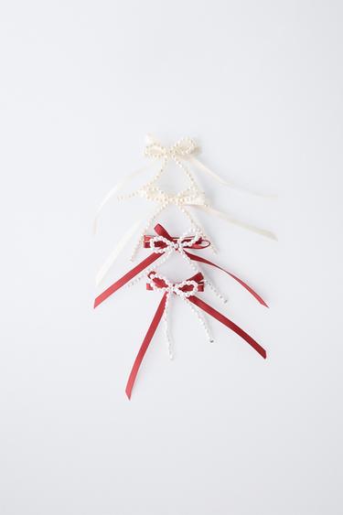 Zara 四件裝人造珍珠髮夾 - 裸色 / 紅色